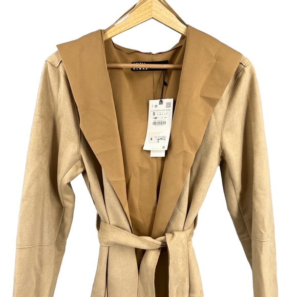 Zara Coat Camel Hooded Faux Suede Open Front Belted Pockets Size Small New - Picture 2 of 7